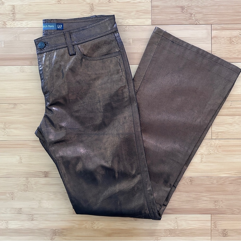 Vintage Gap Leather Pants Womens 2 Y2K 2000 Bootcut Gold Triple Stitch Flare